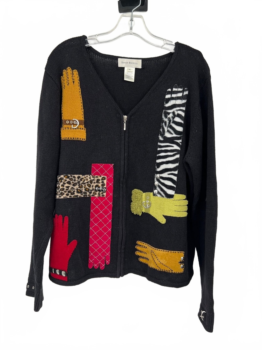 Susan Bristol Black Glove Pattern Zip Up Cardigan | Women’s XL